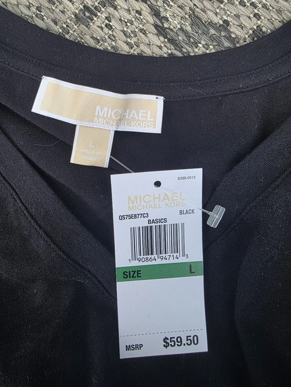 Michael Kors Black V-Neck Short Sleeve Tee with MK Rhinestone L NWT